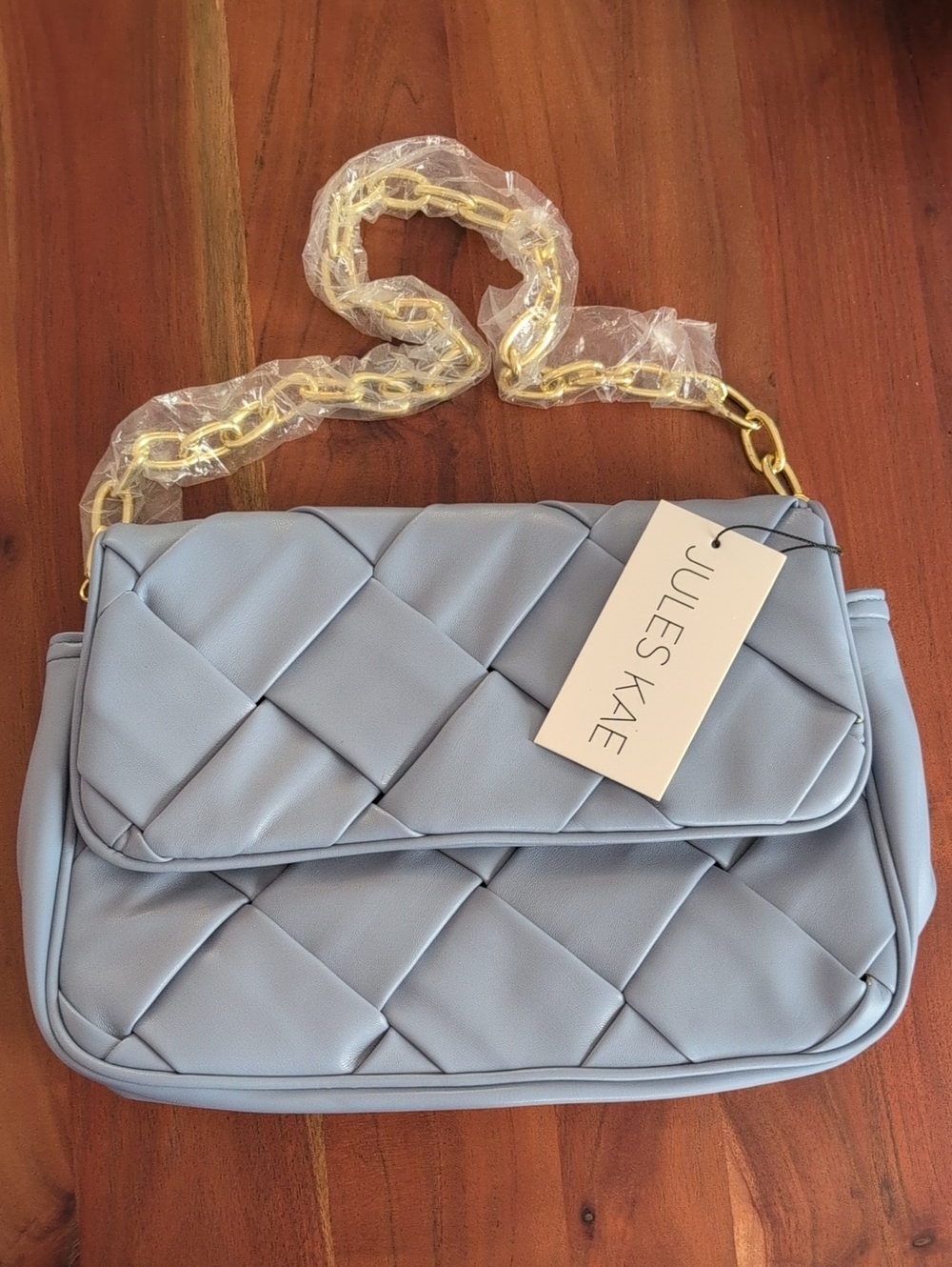 Jules Kae Quilted Vegan Leather Light Blue Shoulder Bag with Gold Chain Strap